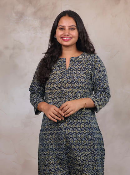 Indigo Ajrakh Hand Block Printed Kurti | Looms & Tassels