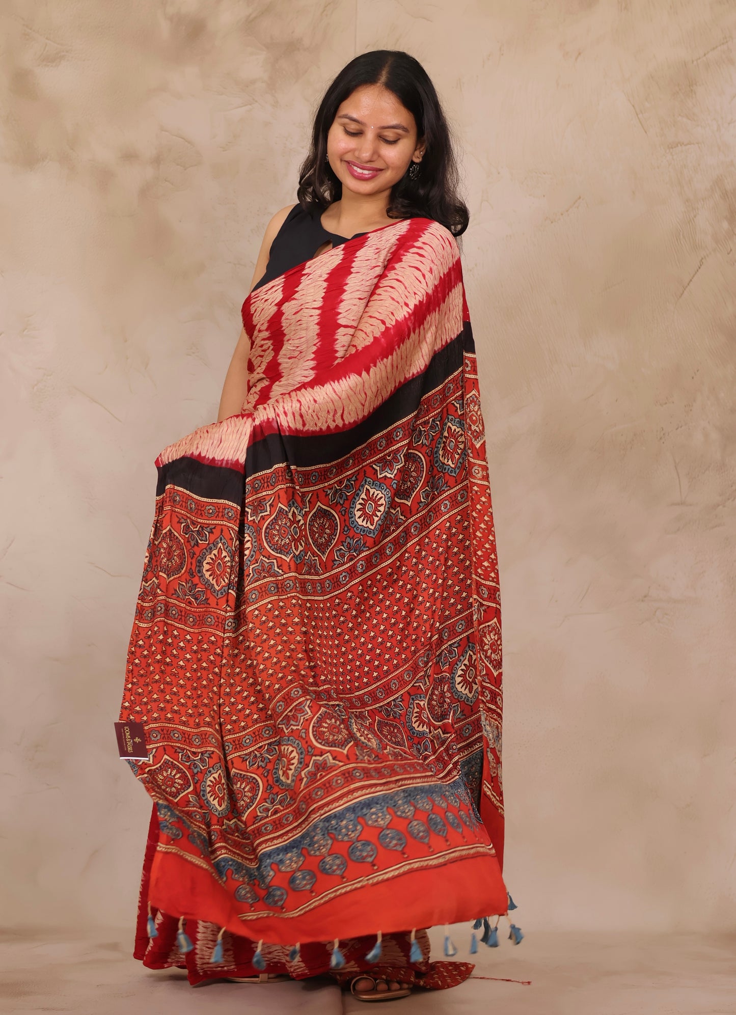 Red Needle Shibori and Ajrakh Handblock Printed Modal Silk Saree | Looms & Tassels