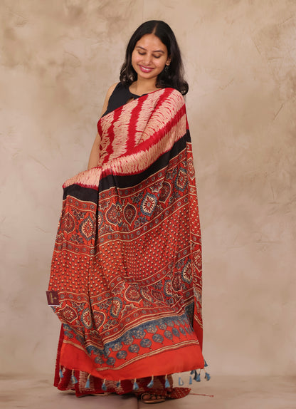 Red Needle Shibori and Ajrakh Handblock Printed Modal Silk Saree | Looms & Tassels