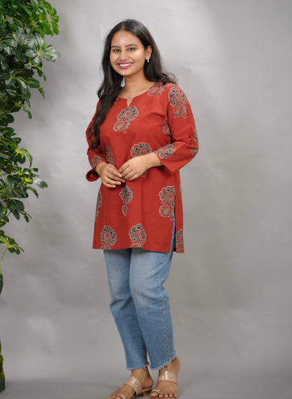 Maroon Ajrakh Hand Block Printed Short Top