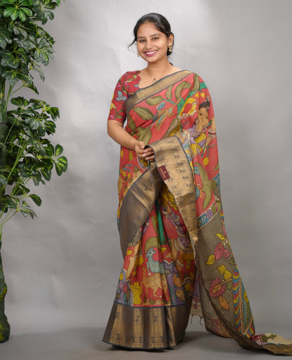 Peach Hand Drawn Pen Kalamkari Bangalore Silk Kanchi Border Saree | Looms & Tassels