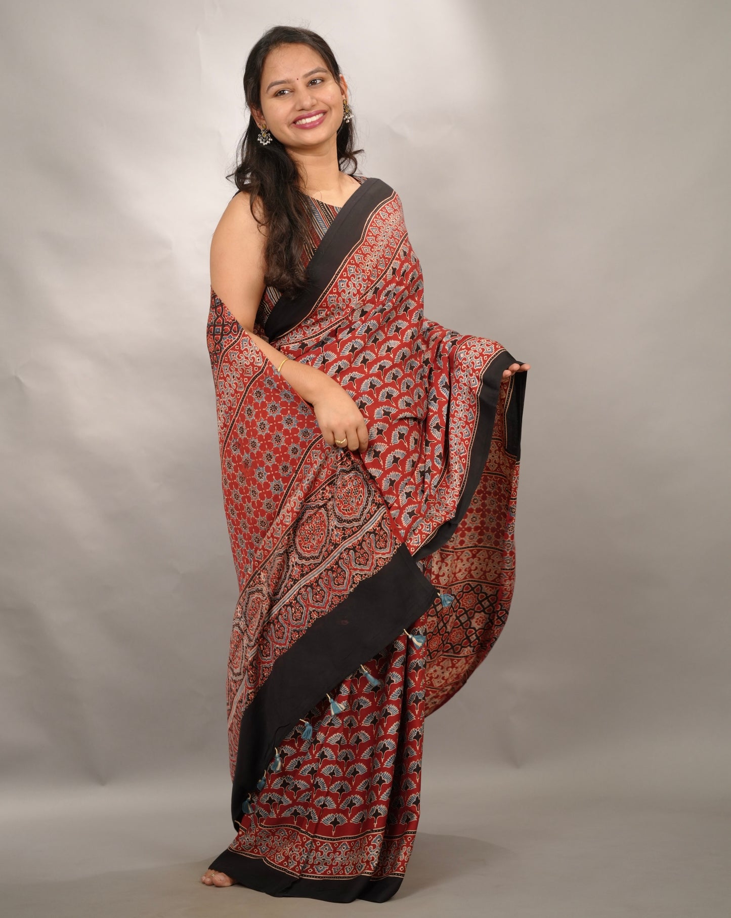 Maroon Authentic Ajrakh Handblock Printed Modal Silk Saree | Looms & Tassels