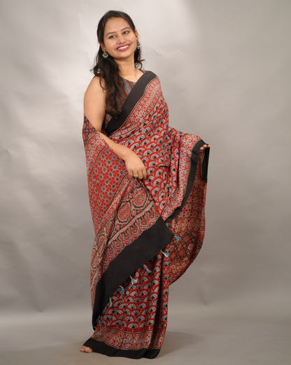 Maroon Authentic Ajrakh Handblock Printed Modal Silk Saree | Looms & Tassels