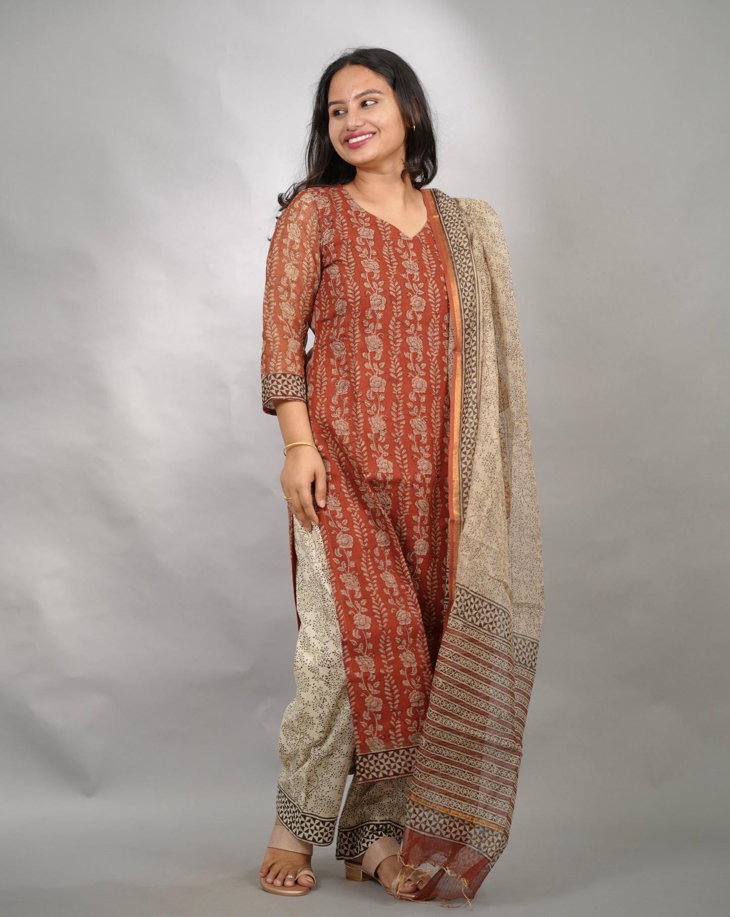 MaroonHandblock printed kota 3 piece suit (stitched)