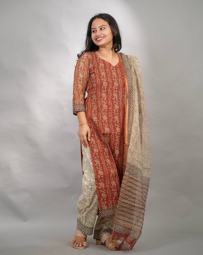 MaroonHandblock printed kota 3 piece suit (stitched)