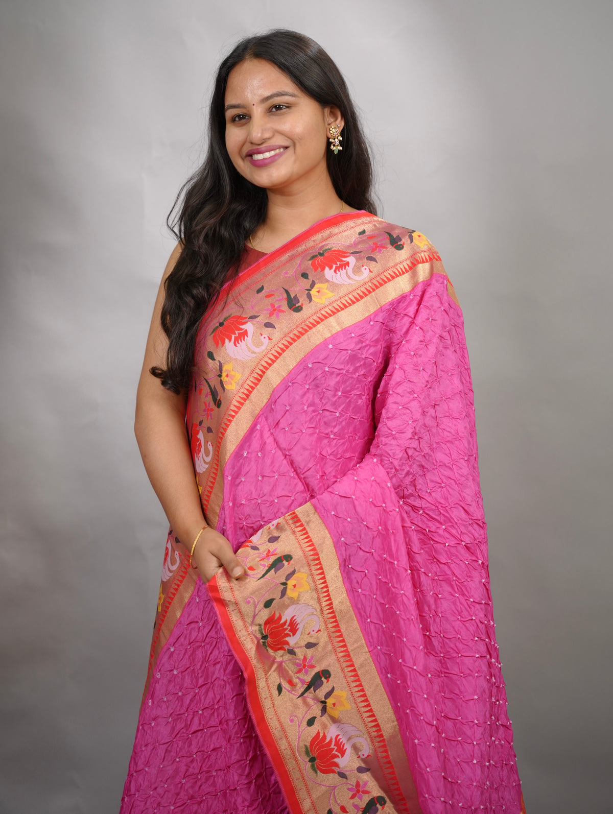 Pink Handcrafted Bandhani Paithani Dola Silk Saree | Looms & Tassels