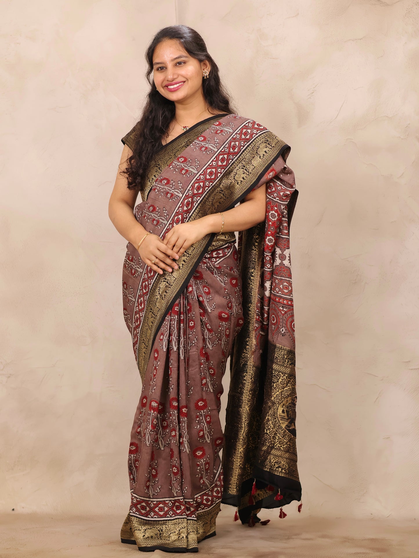 Dusty Brown Ajrakh Handblock printed Dola Silk Saree | Looms & Tassels