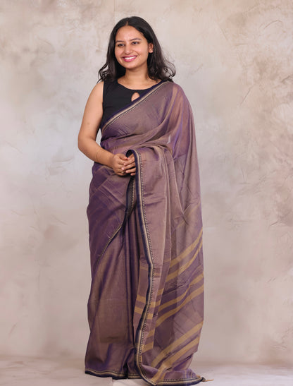 Lavender Narayanpet Cotton Saree with Ikkat Blouse Piece | Looms & Tassels