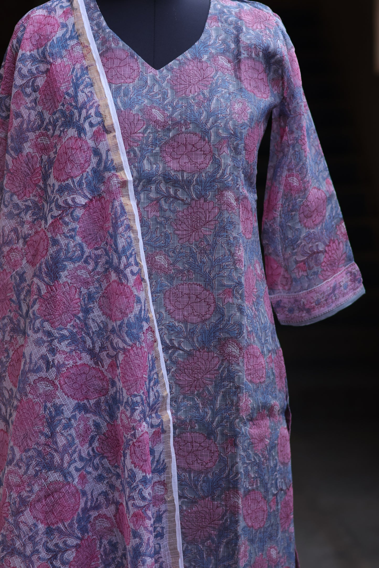 Pastel Handblock printed kota 3 piece suit (stitched)