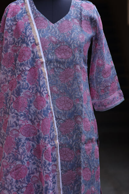 Pastel Handblock printed kota 3 piece suit (stitched)