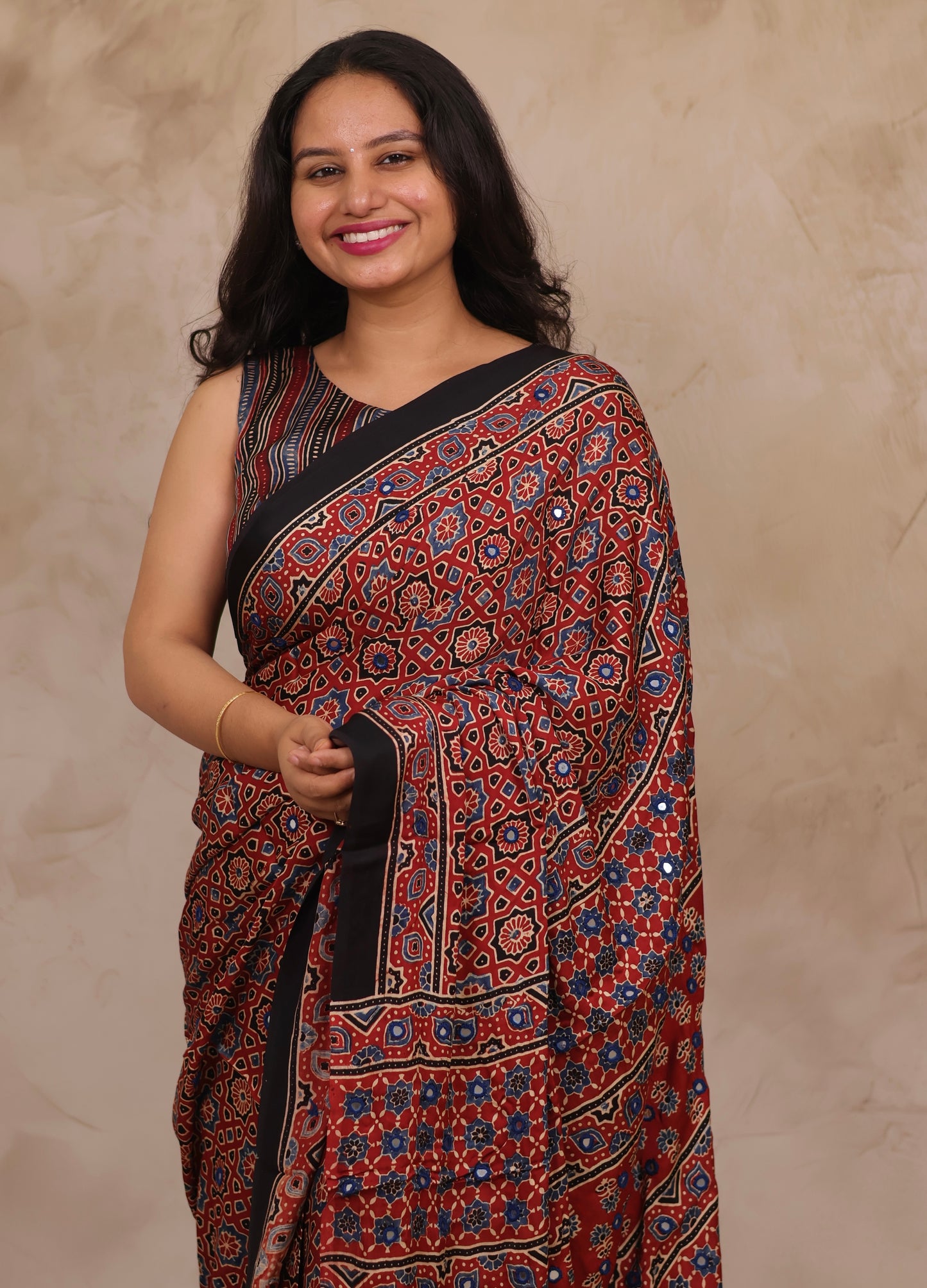 Red Handcrafted Ajrakh Modal Silk Saree with Authentic Banjara Mirror Work | Looms & Tassels