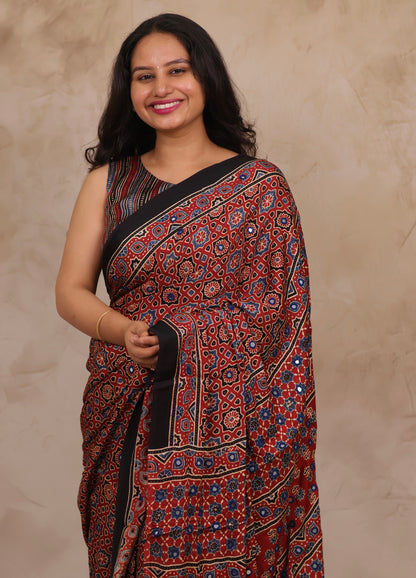 Red Handcrafted Ajrakh Modal Silk Saree with Authentic Banjara Mirror Work | Looms & Tassels