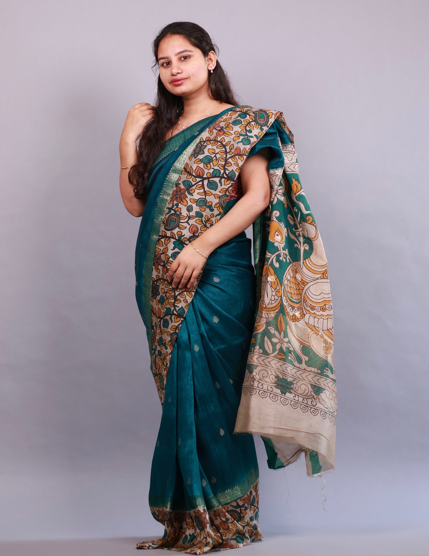 Peacock Green Chanderi Silk Kalamkari dyeing saree | Looms & Tassels