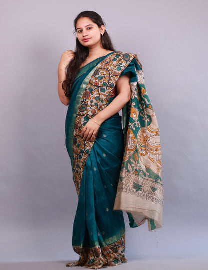 Peacock Green Chanderi Silk Kalamkari dyeing saree | Looms & Tassels