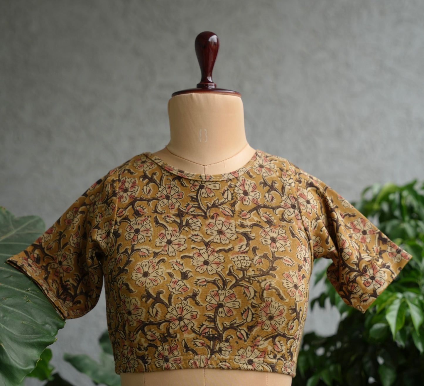 Mustard Boat Neck Stretchable Hand block printed kalamkari blouse