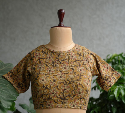 Mustard Boat Neck Stretchable Hand block printed kalamkari blouse