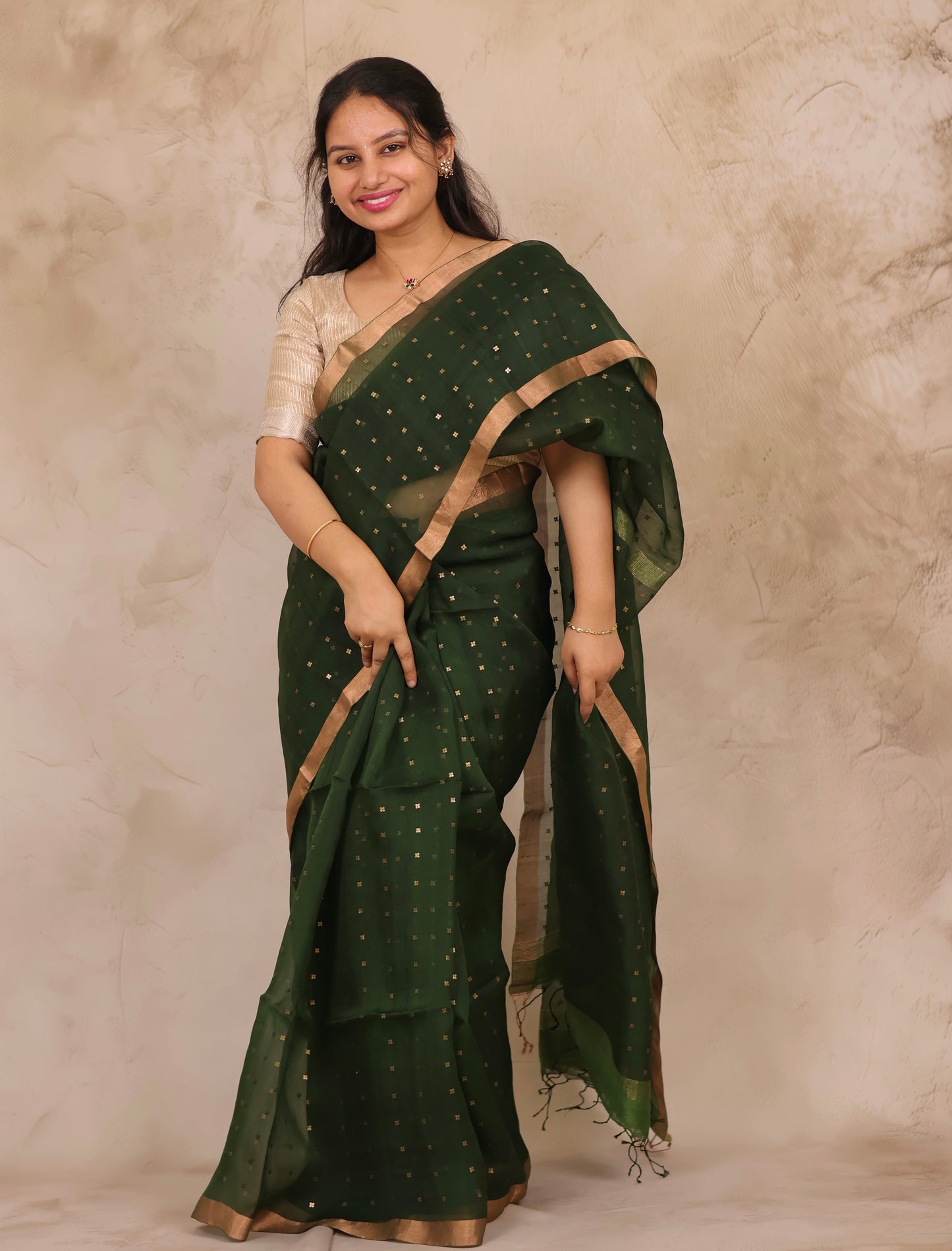 Green Handwoven Muslin Silk Saree With Sequence Work | Looms & Tassels