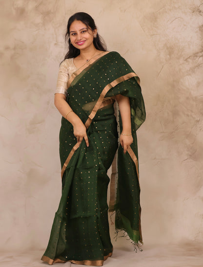 Green Handwoven Muslin Silk Saree With Sequence Work | Looms & Tassels