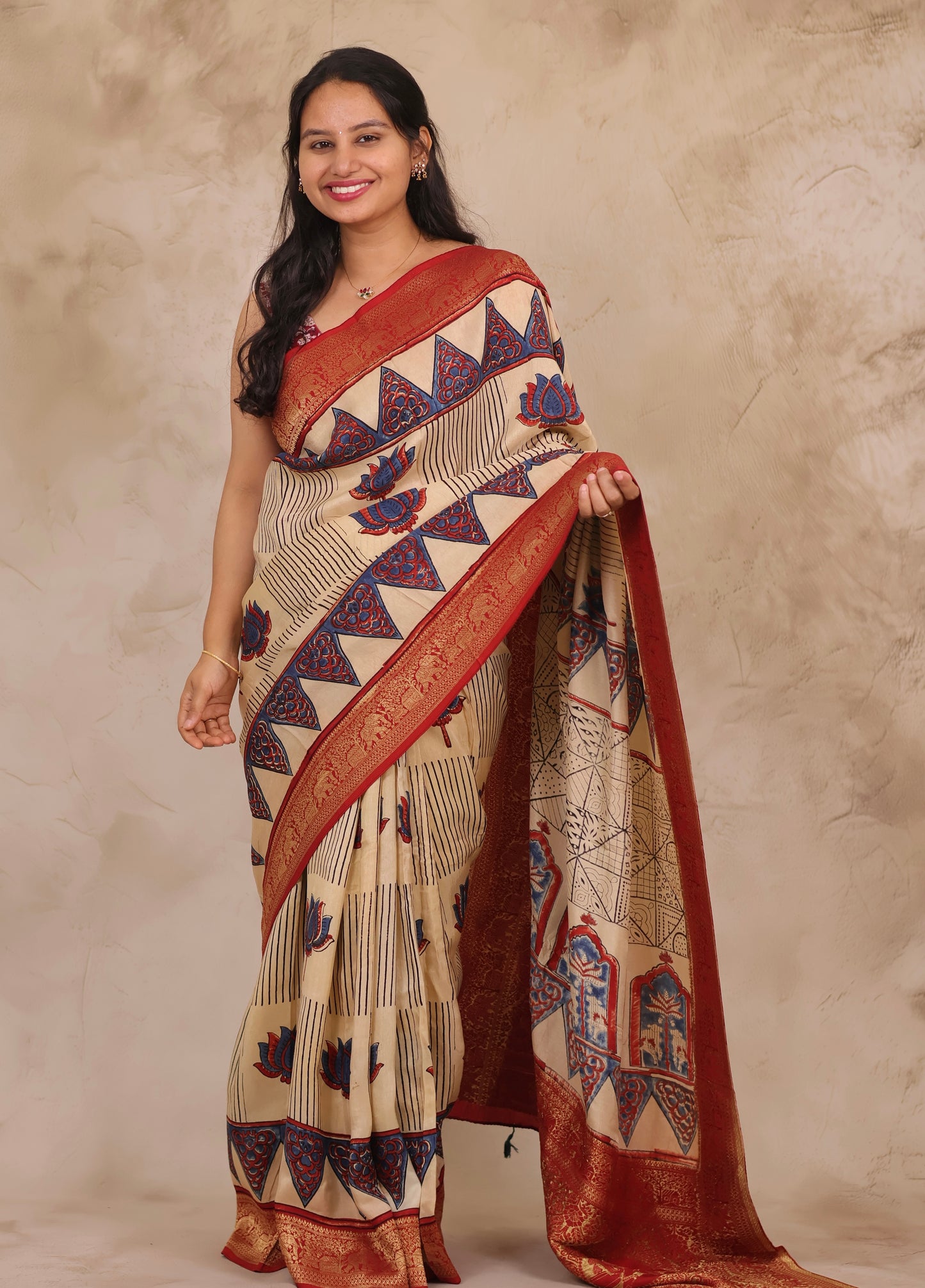 Cream Lotus Ajrakh Handblock printed Dola Silk Saree | Looms & Tassels