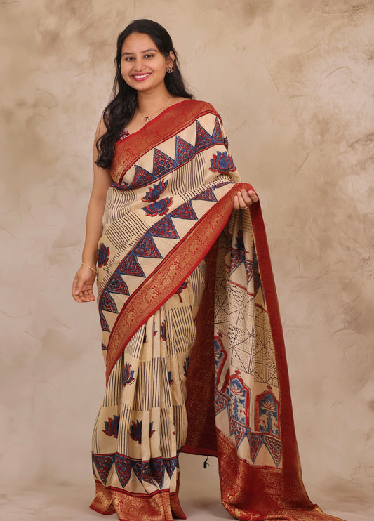 Cream Lotus Ajrakh Handblock printed Dola Silk Saree | Looms & Tassels