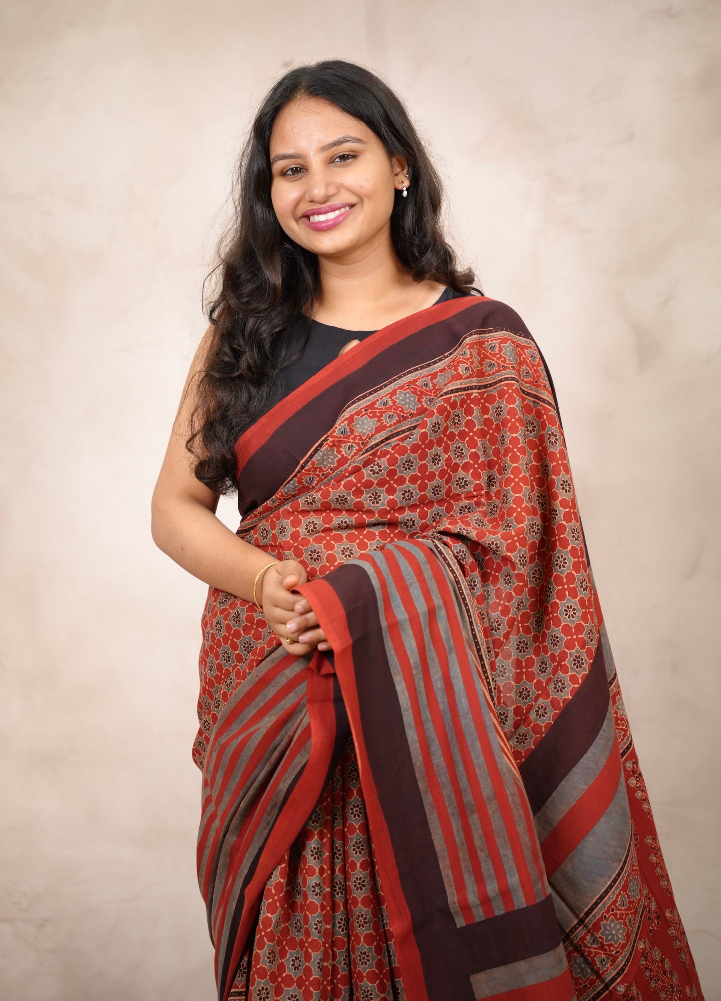 Red Ajrakh Hand Block Printed Cotton Saree | Looms & Tassels