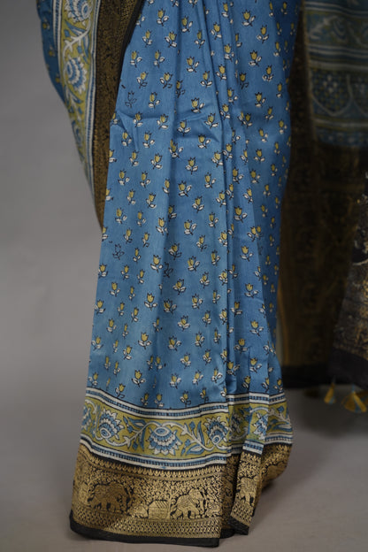 Ajrakh Dola Silk Saree - Blue | Looms & Tassels
