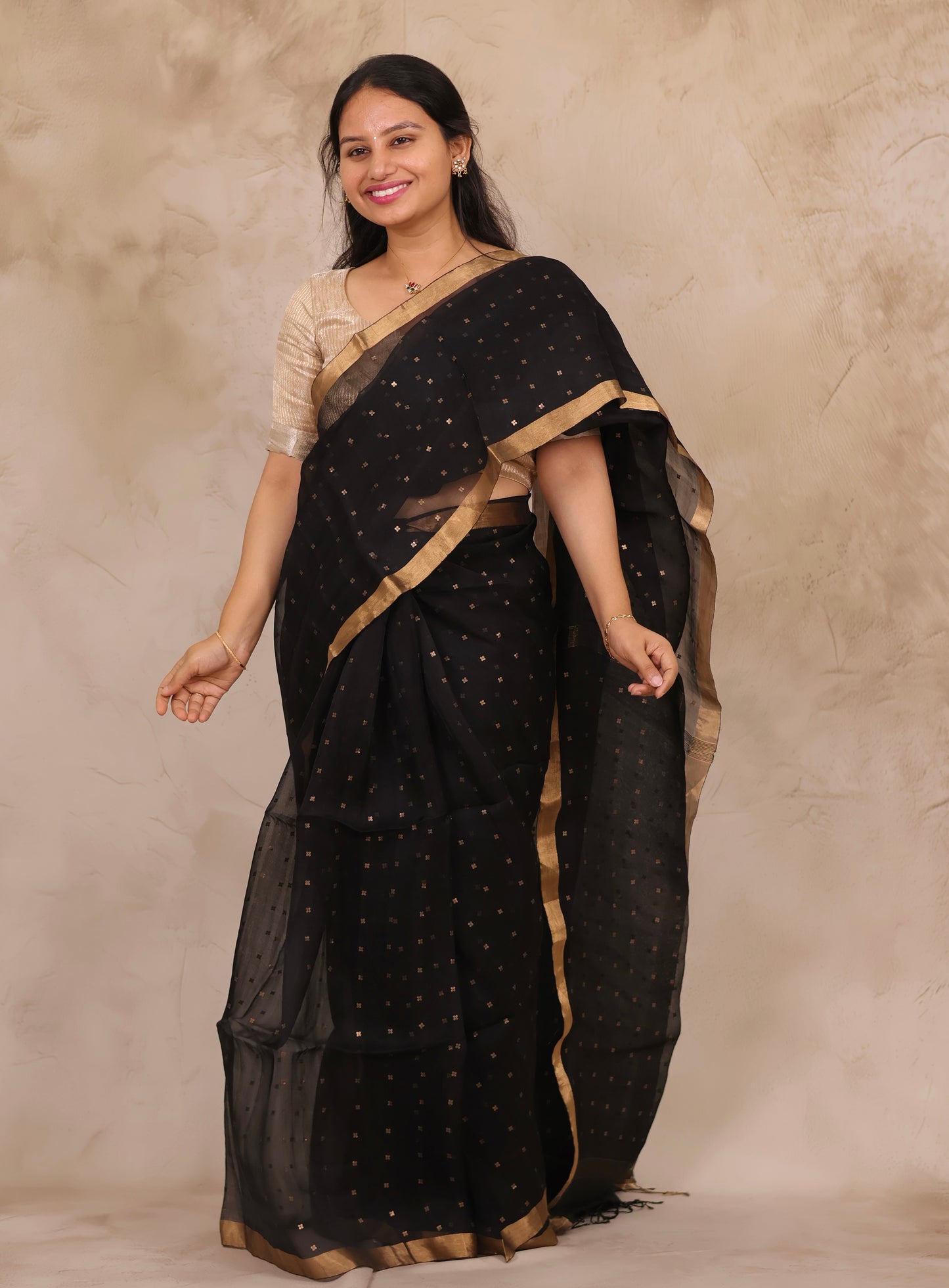 Black Handwoven Muslin Silk Saree With Sequence Work | Looms & Tassels