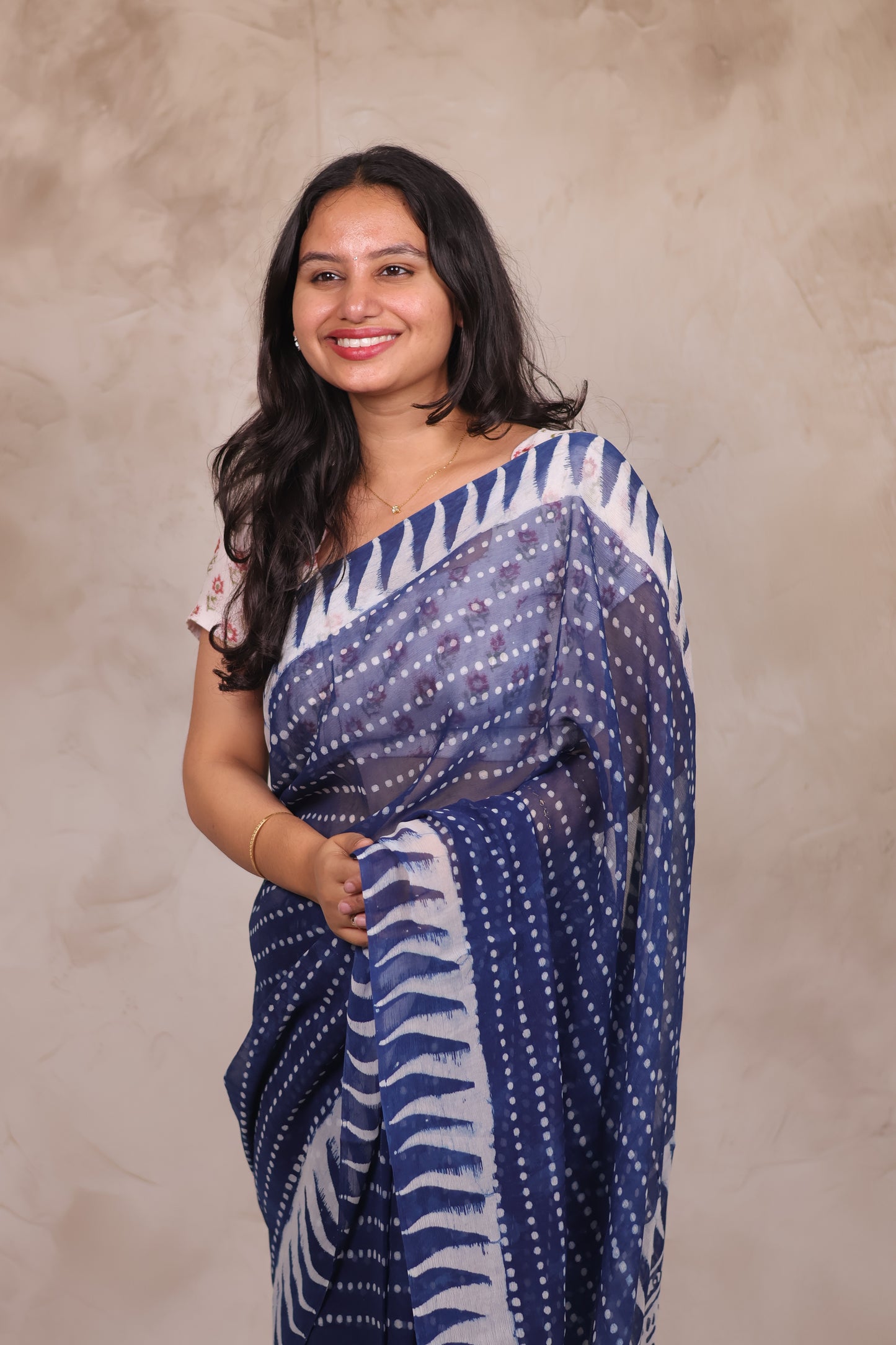 Indigo Chiffon Hand Block Printed Saree | Looms & Tassels