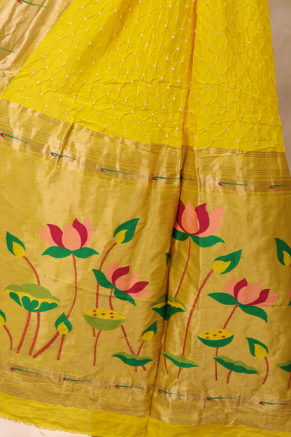 Yellow Handcrafted Bandhani Paithani Dola Silk Saree | Looms & Tassels