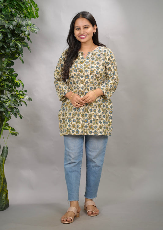 Cream Ajrakh Hand Block Printed Short Top | Looms & Tassels