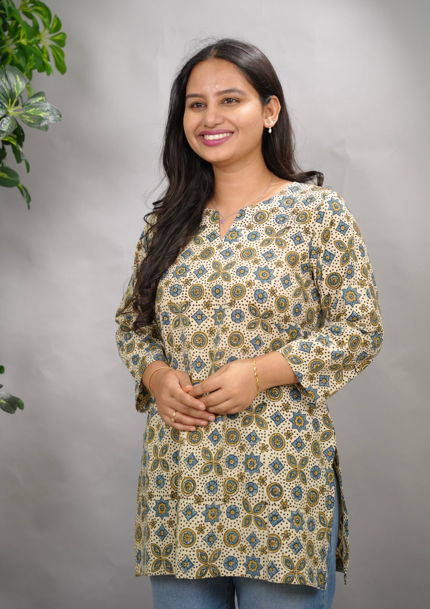 Cream Ajrakh Hand Block Printed Short Top