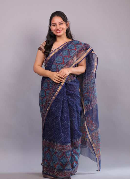 Bagru Hand block printed Kota Doria Saree