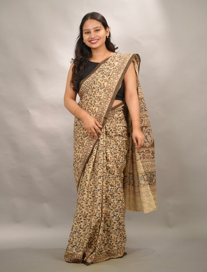 Cream Hand Block Printed Kalamkari Cotton Saree | Looms & Tassels