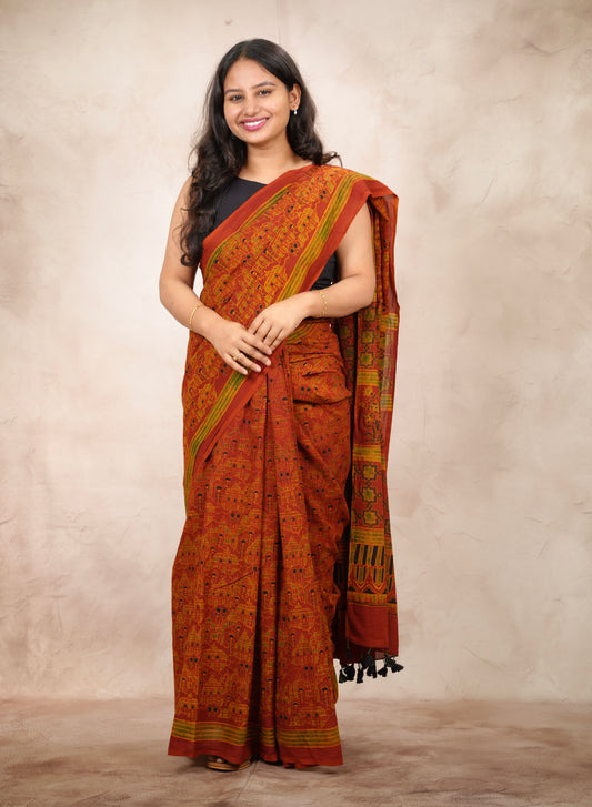 Ajrakh Hand Block Printed Cotton Saree | Looms & Tassels
