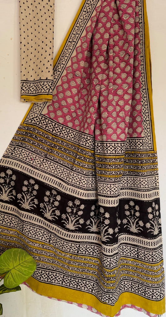 Pink Bagru Handblock printed MulMul cotton saree
