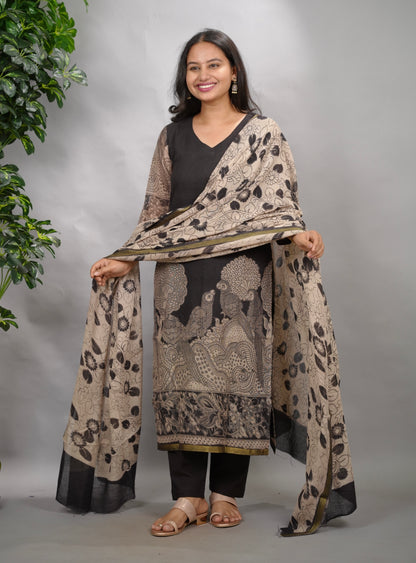 Black Kalamkari Kota Cotton 3 piece suit (stitched) | Looms & Tassels