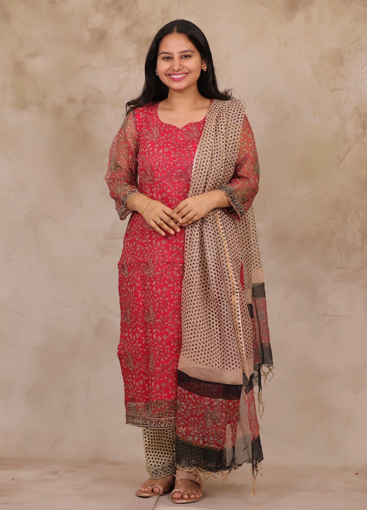 Pink Handblock printed kota 3 piece suit (stitched)