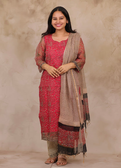 Pink Handblock printed kota 3 piece suit (stitched)