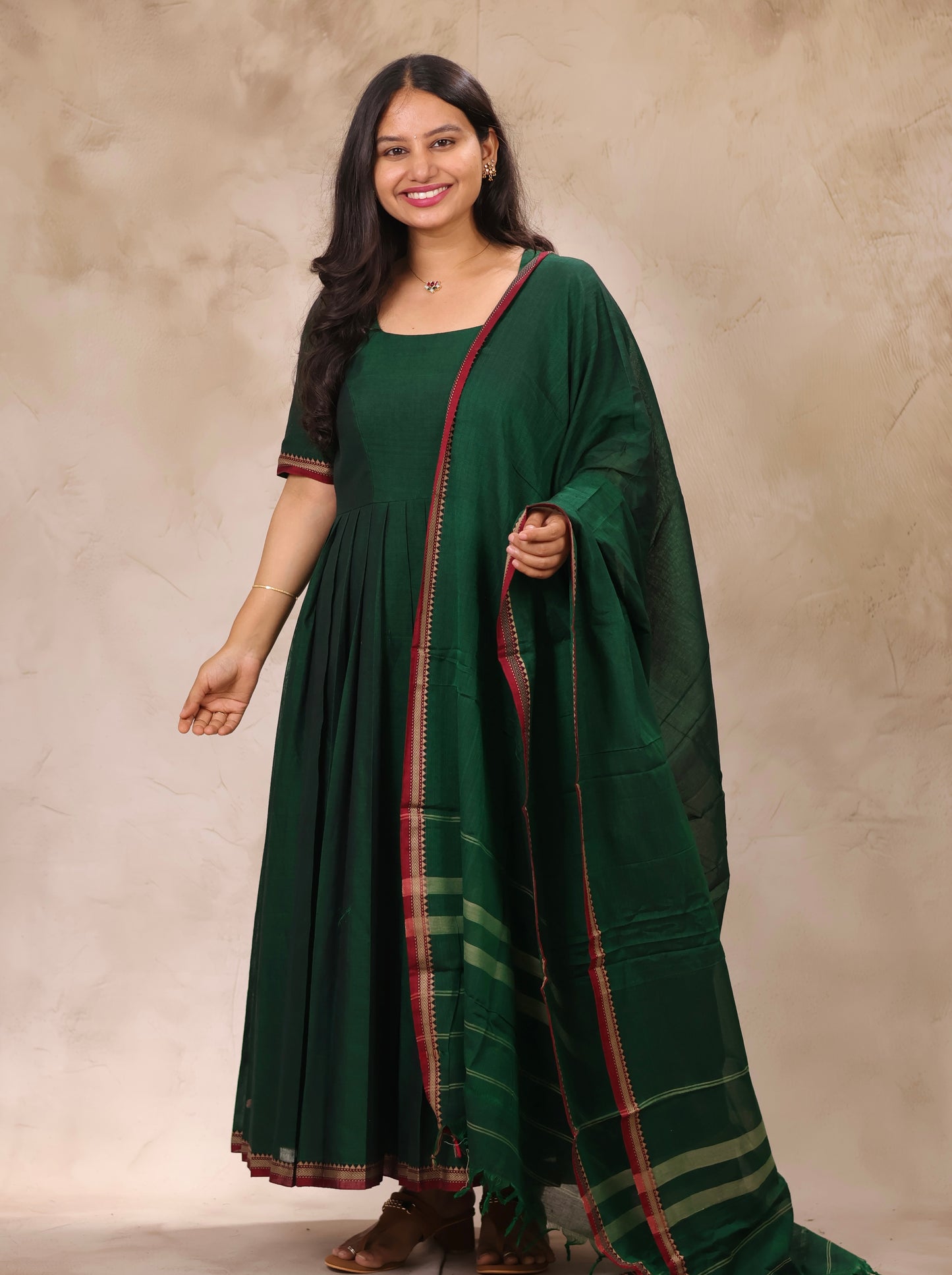 Green Narayanpet Cotton Anarkali Dress with Narayanpet Dupatta | Looms & Tassels