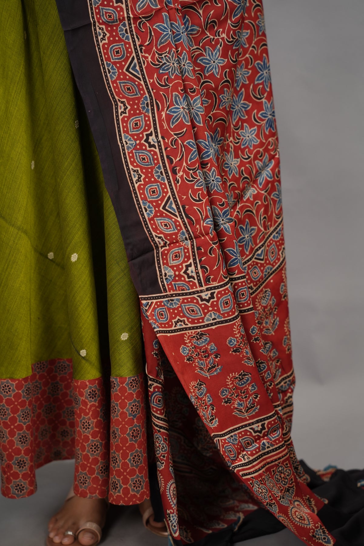 Parrot  Green Ajrakh Patch Work Narayanpet Cotton Anarkali Dress with Ajrakh Modal Silk Dupatta | Looms & Tassels