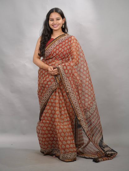 Maroon Pure Kota Doria Saree with Bagru Handblock Prints | Looms & Tassels