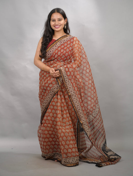 Maroon Pure Kota Doria Saree with Bagru Handblock Prints | Looms & Tassels