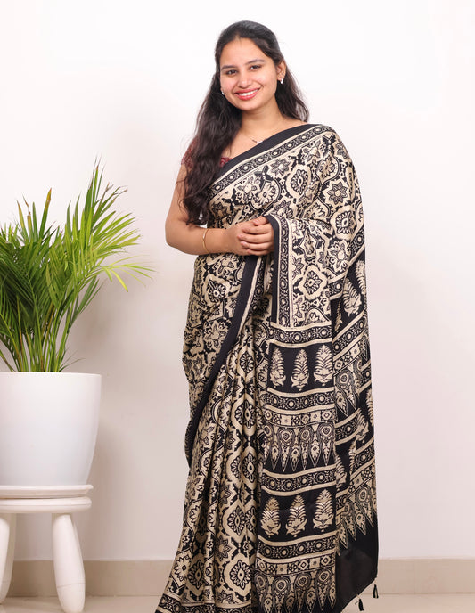 Black & Cream Badam Butta Authentic Ajrakh Handblock Printed Modal Silk Saree | Looms & Tassels