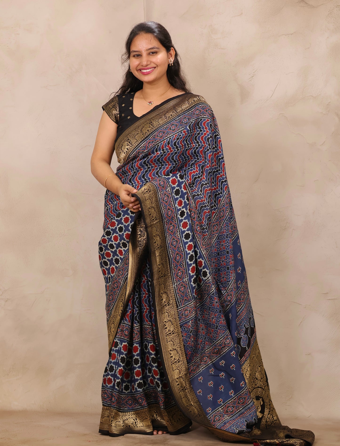 Indigo Ajrakh Handblock printed Dola Silk Saree | Looms & Tassels