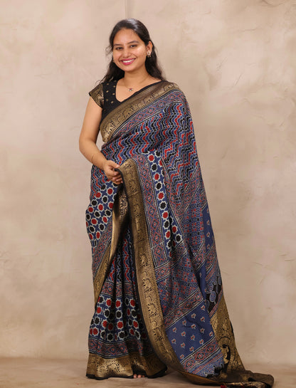 Indigo Ajrakh Handblock printed Dola Silk Saree | Looms & Tassels