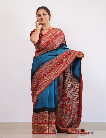 Ajrakh Dola Silk Saree