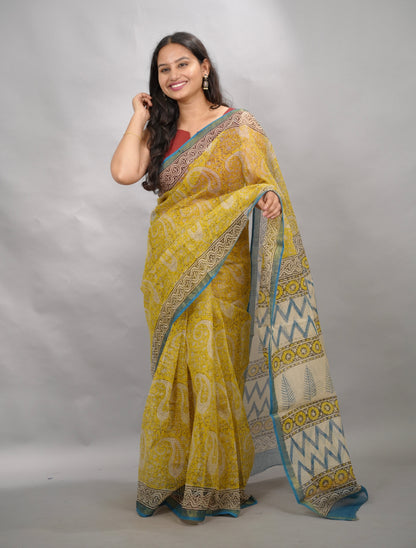 Yellow Pure Kota Doria Saree with Bagru Handblock Prints | Looms & Tassels