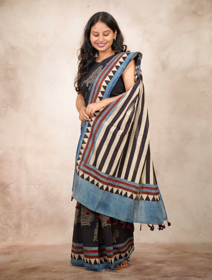 Black Ajrakh Hand Block Printed Cotton Saree | Looms & Tassels