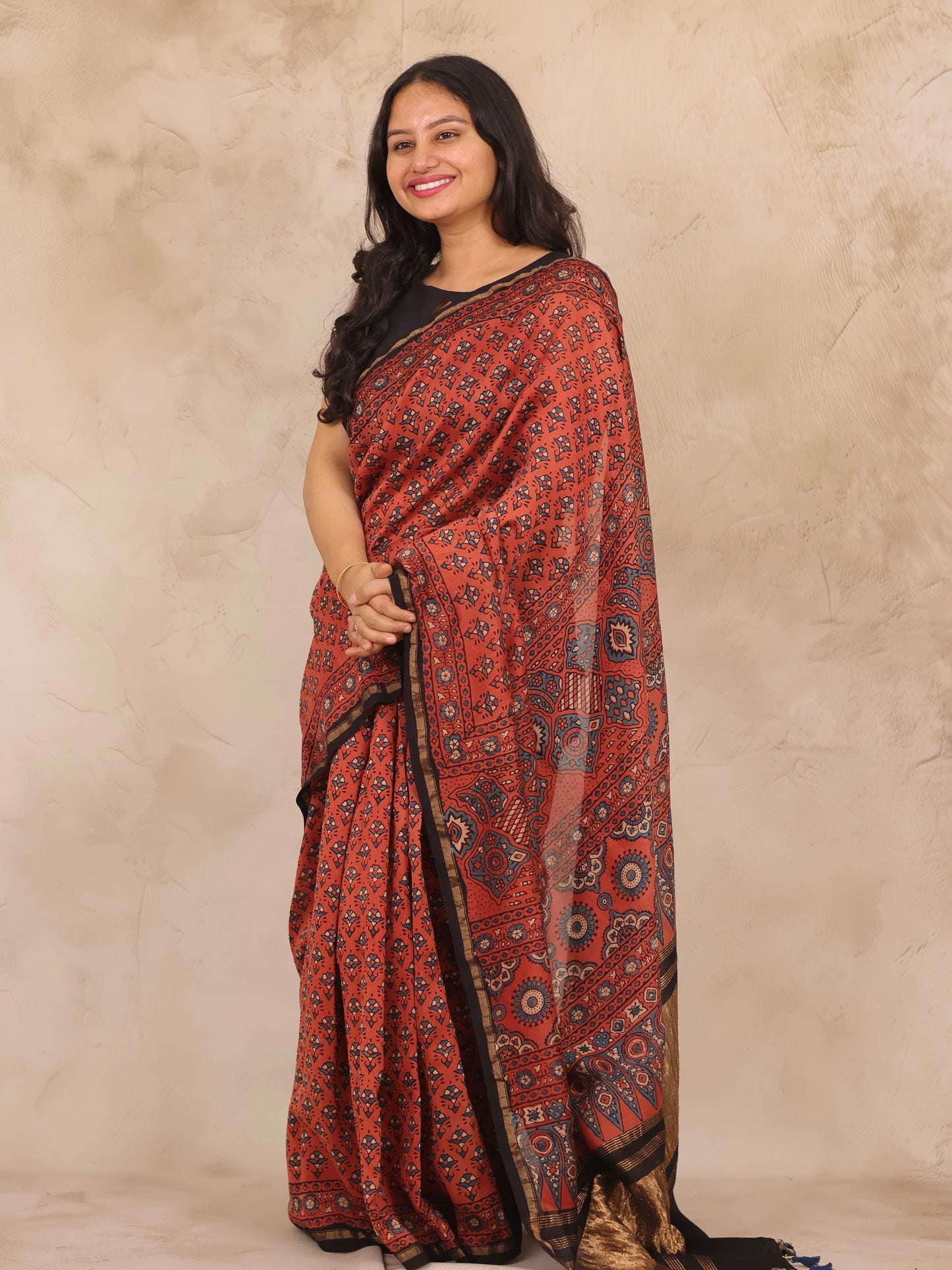 Maheswari Silk Cotton Ajrakh Handblock Printed Saree | Looms & Tassels
