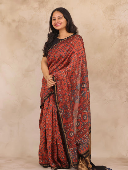 Maheswari Silk Cotton Ajrakh Handblock Printed Saree | Looms & Tassels